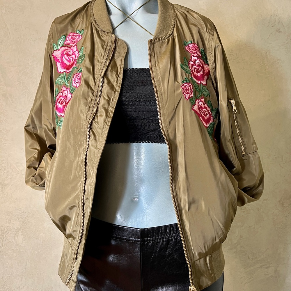 Army green bomber jacket with embroidered pink florals, size Medium, like new